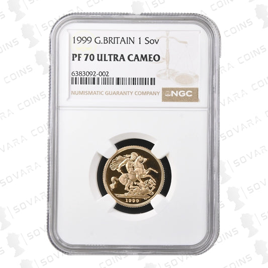 1999 Gold Proof Full Sovereign graded NGC PF70 Ultra Cameo with St George and the Dragon design