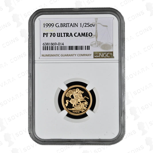 1999 Gold Proof Half Sovereign graded NGC PF70 Ultra Cameo with St George and the Dragon design