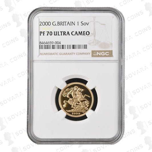 2000 Gold Proof Sovereign graded PF70 Ultra Cameo by NGC