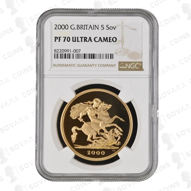 2000 Gold Proof Five Pound Sovereign NGC PF70 Ultra Cameo – A flawless 22ct gold coin featuring St. George and the Dragon.