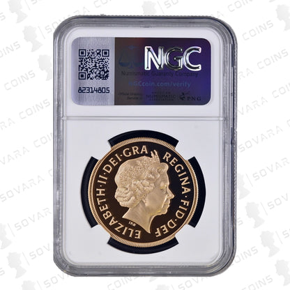 2001 Gold Proof Quintuple Sovereign obverse – Queen Elizabeth II portrait PF70 Ultra Cameo