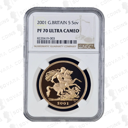 2001 Gold Proof £5 Sovereign reverse – Benedetto Pistrucci St George and the Dragon design PF70 Ultra Cameo