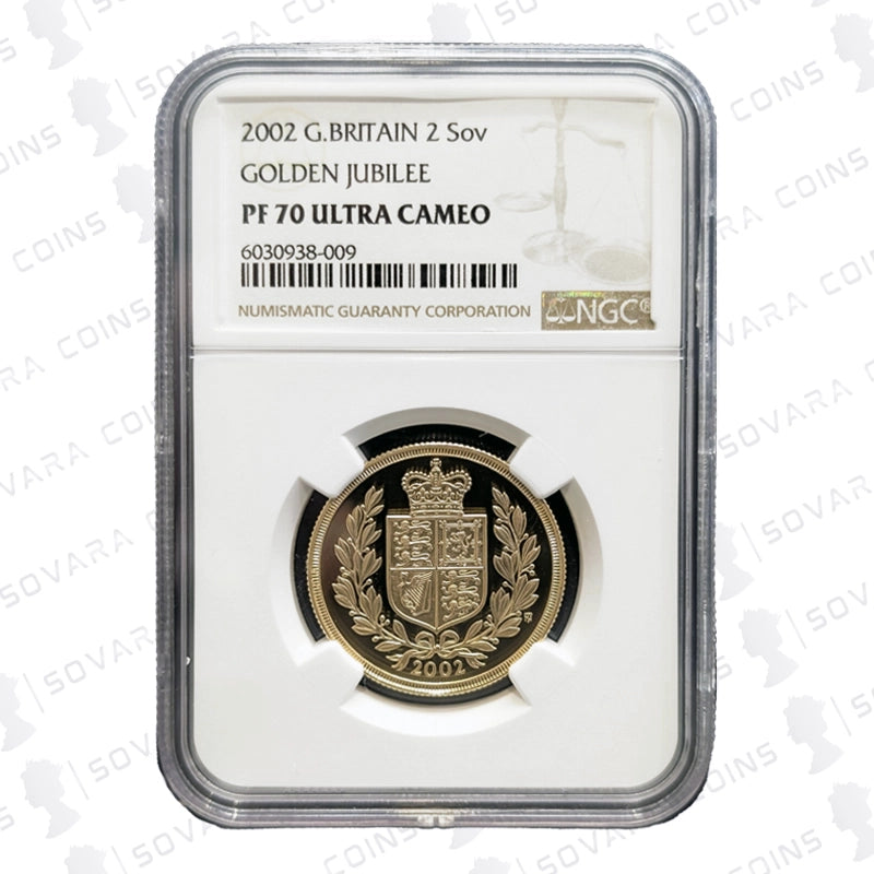 2002 Double Sovereign – Shield reverse Golden Jubilee edition graded PF70 Ultra Cameo