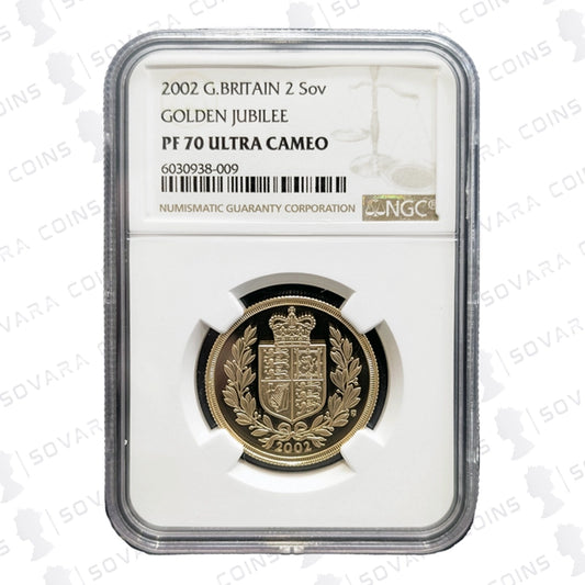 2002 Double Sovereign – Shield reverse Golden Jubilee edition graded PF70 Ultra Cameo