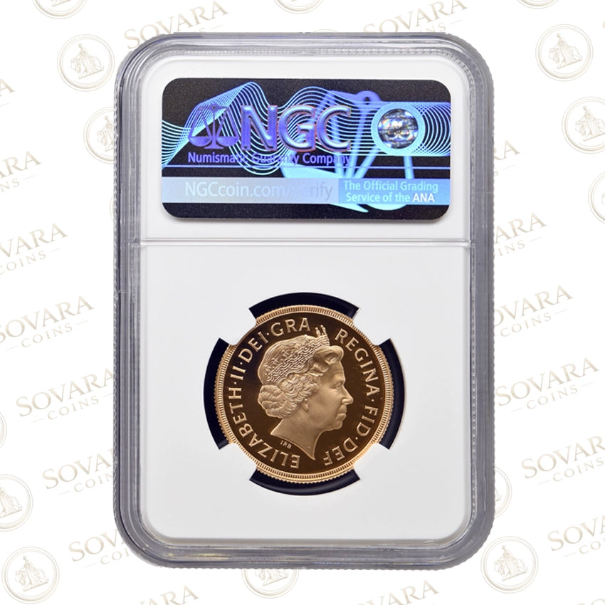 2002 Gold Proof Double Sovereign NGC PF70 Ultra Cameo Golden Jubilee coin in grading slab.
