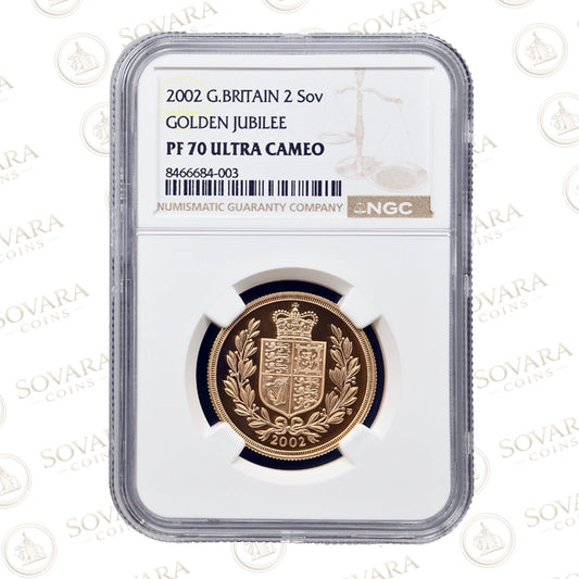 2002 Double Sovereign – Shield reverse Golden Jubilee edition graded PF70 Ultra Cameo