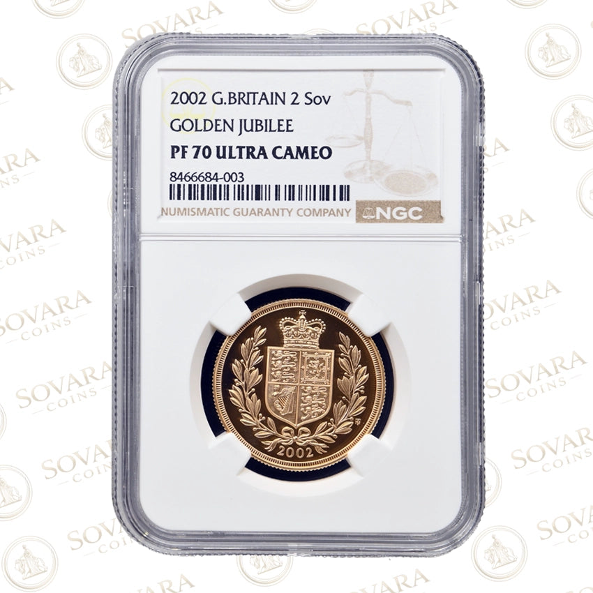2002 Shield Reverse Double Sovereign gold coin design by Timothy Noad celebrating the Golden Jubilee.