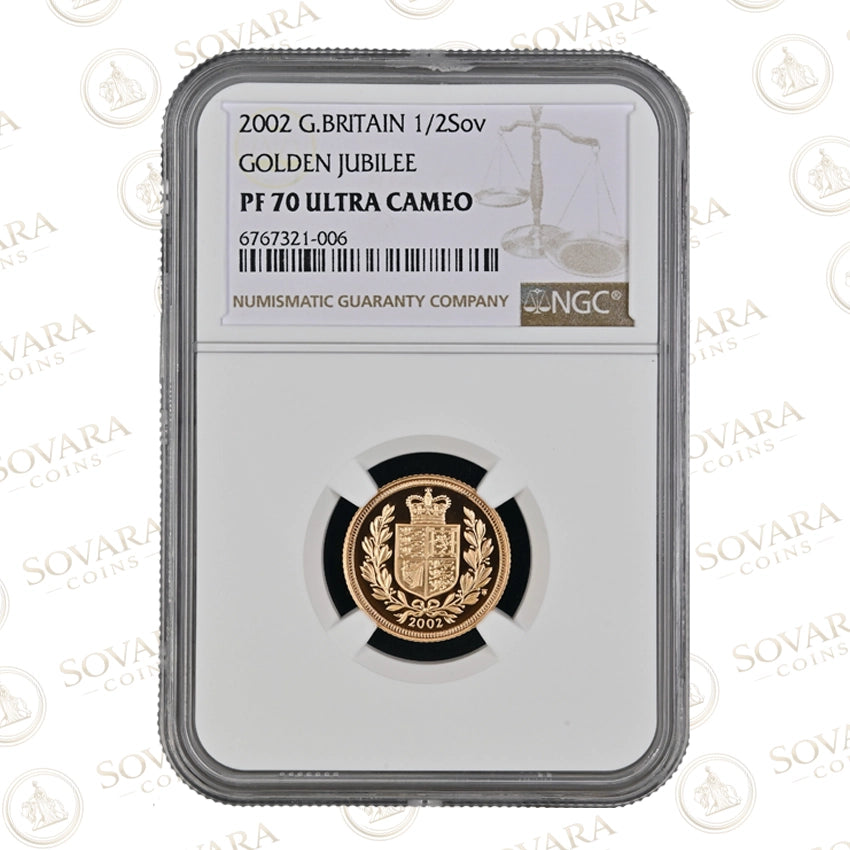 2002 Golden Jubilee Gold Proof Half Sovereign NGC PF70 Ultra Cameo Shield Reverse Top Pop