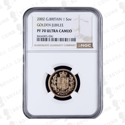 2002 Gold Proof Sovereign with Shield Reverse – NGC PF70 Ultra Cameo