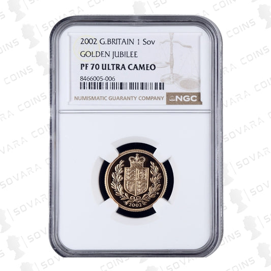 2002 Gold Proof Sovereign with Shield Reverse – NGC PF70 Ultra Cameo