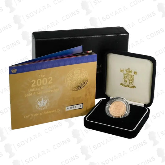 2002 Gold Proof Full Sovereign – Golden Jubilee Shield Back with proof finish.