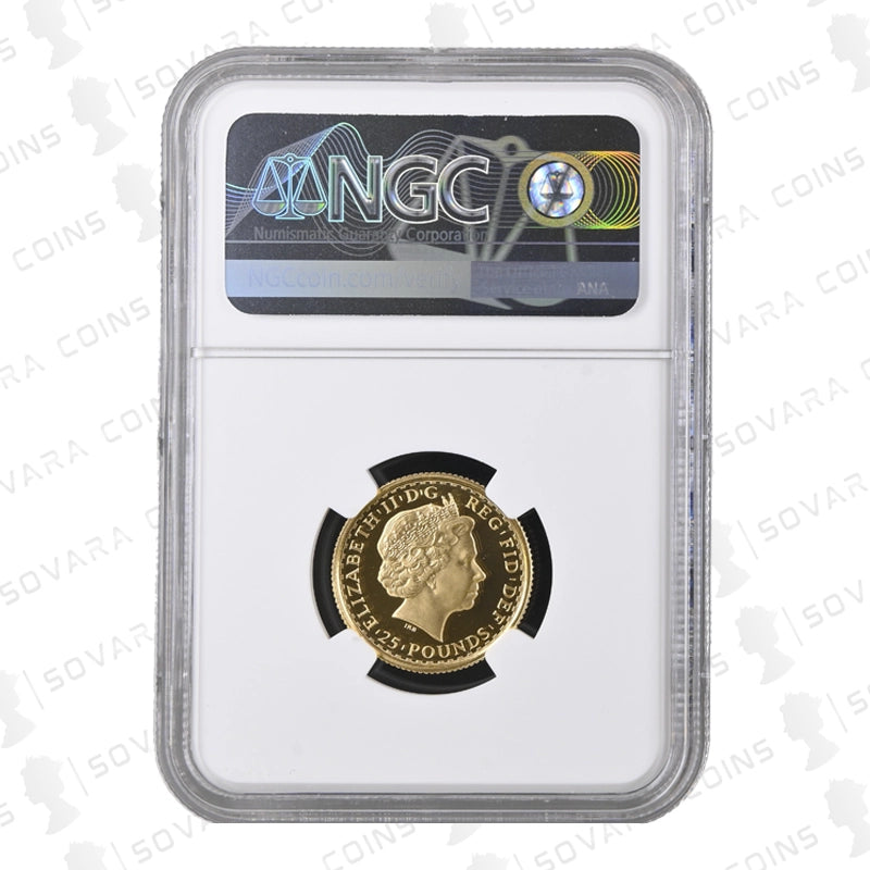 Gold coin in a protective case with NGC certification label on a white background