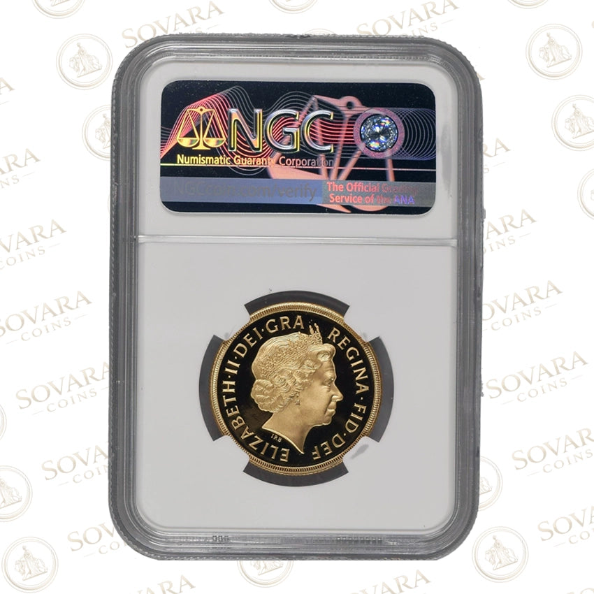 2005 Gold Proof Double Sovereign NGC PF70 Ultra Cameo Timothy Noad design in grading slab.