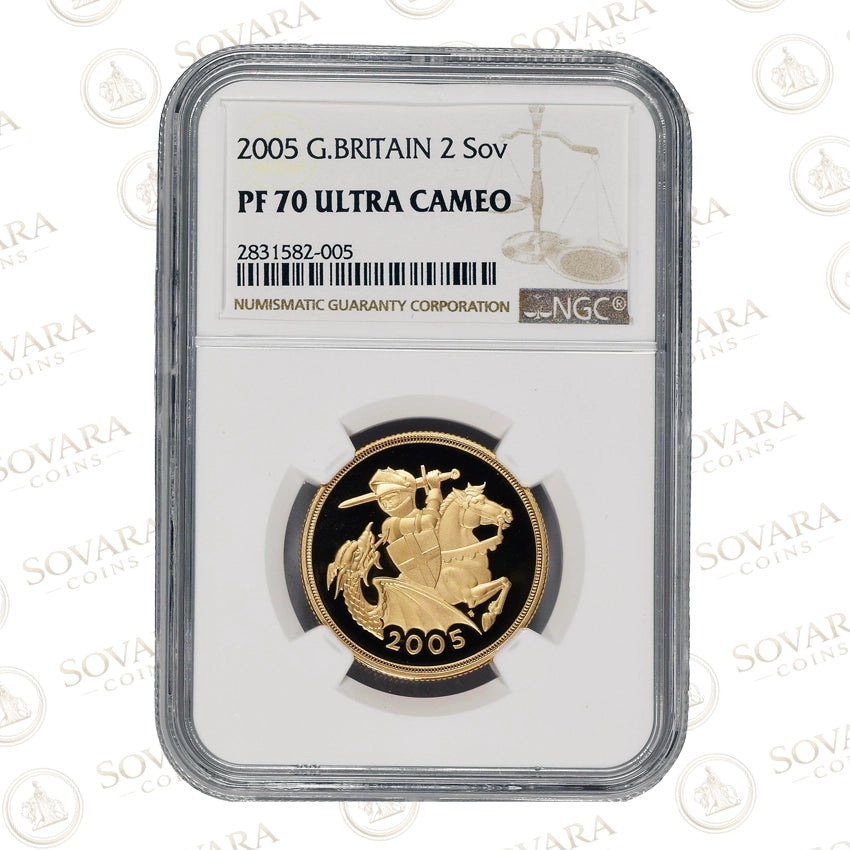 Modern St George and the Dragon design by Timothy Noad on the reverse of the 2005 Double Sovereign.