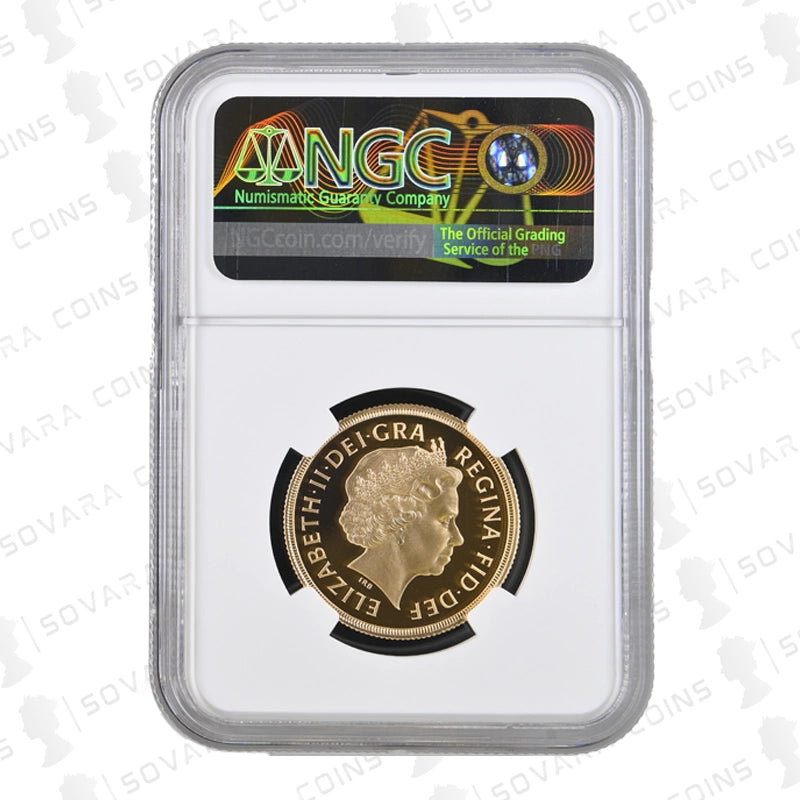 Obverse of 2005 Gold Proof Double Sovereign graded PF70 Ultra Cameo showing Queen Elizabeth II portrait.