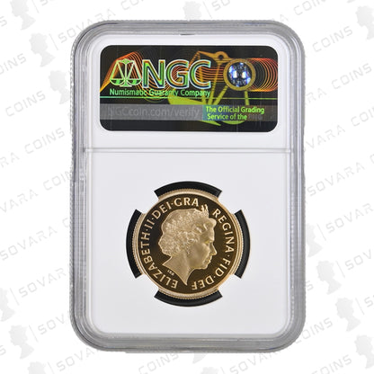 Obverse of 2005 Gold Proof Double Sovereign graded PF70 Ultra Cameo showing Queen Elizabeth II portrait.
