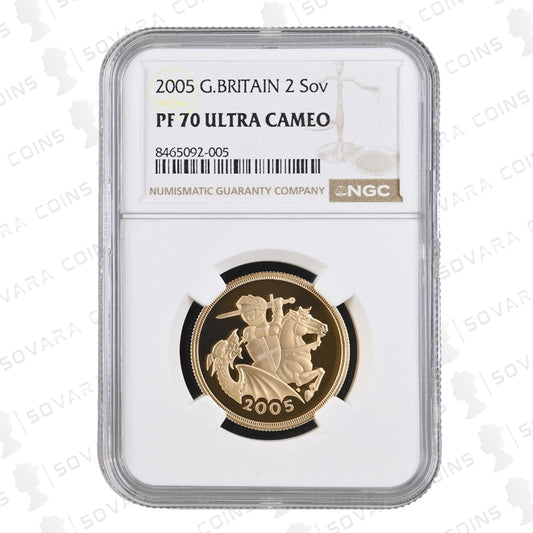 Reverse of 2005 Gold Proof Double Sovereign with Timothy Noad heraldic shield design in PF70 Ultra Cameo holder.