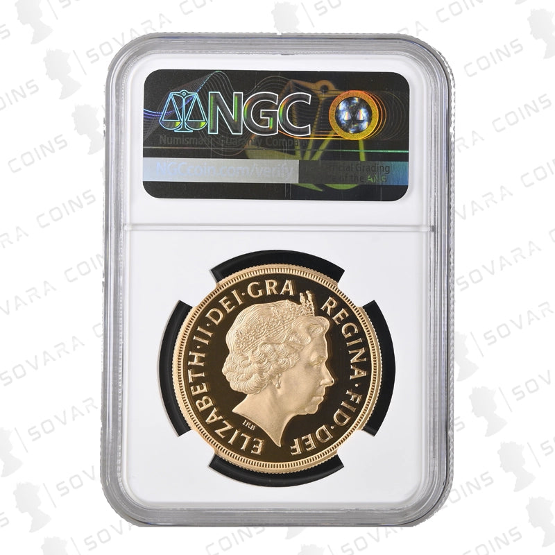 Gold coin in NGC holder on a white background