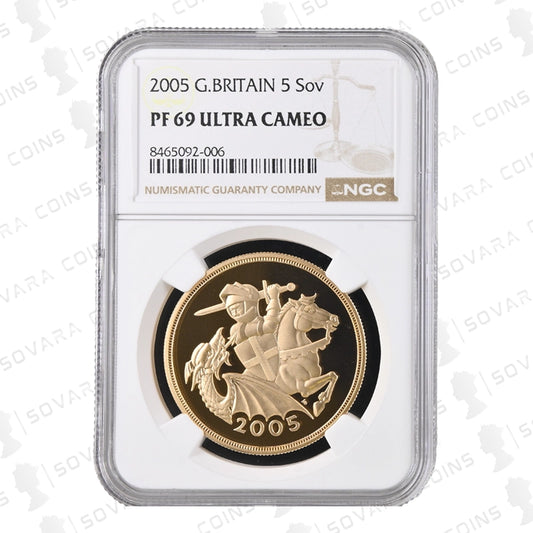2005 Gold Proof Five Pound Sovereign – Timothy Noad Design – NGC PF69 Ultra Cameo