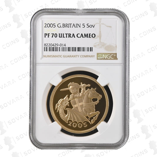 2005 Gold Proof Five Pound Sovereign featuring Timothy Noad design graded NGC PF70 Ultra Cameo