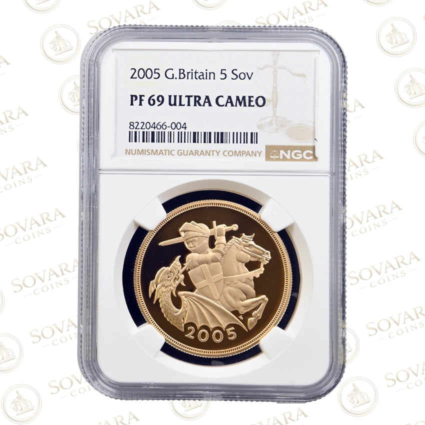 2005 Gold Proof Five Sovereign reverse - Timothy Noad reworked Saint George and the Dragon