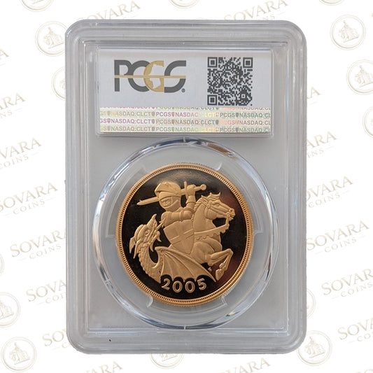 2005 gold proof quintuple sovereign PR70DCAM PCGS Timothy Noad design slab