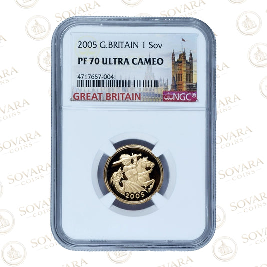 2005 gold proof sovereign PF70 Ultra Cameo Timothy Noad design NGC slab