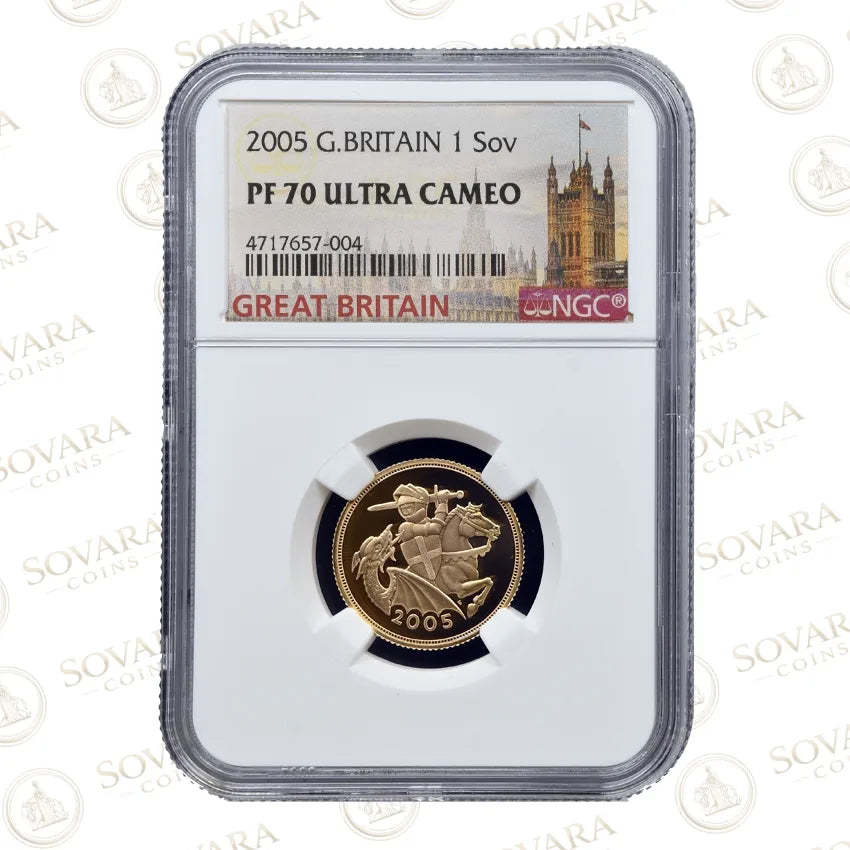2005 Gold Proof Sovereign PF70 Ultra Cameo Timothy Noad Trafalgar bicentenary design in NGC grading
slab
