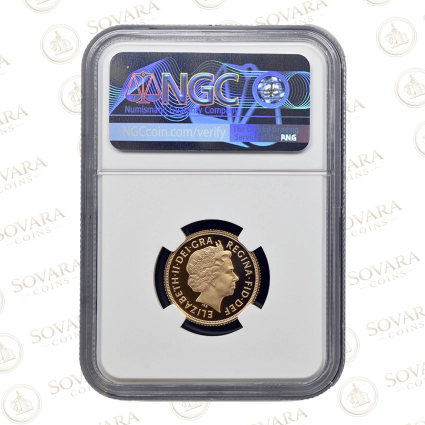 Obverse of 2005 Gold Proof Sovereign showing Ian Rank-Broadley portrait of Queen Elizabeth II NGC
PF70