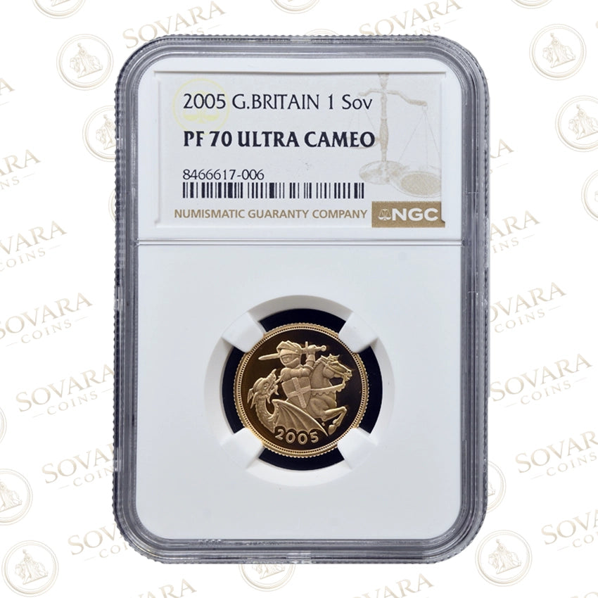 2005 gold proof sovereign PF70 Ultra Cameo Timothy Noad design NGC slab