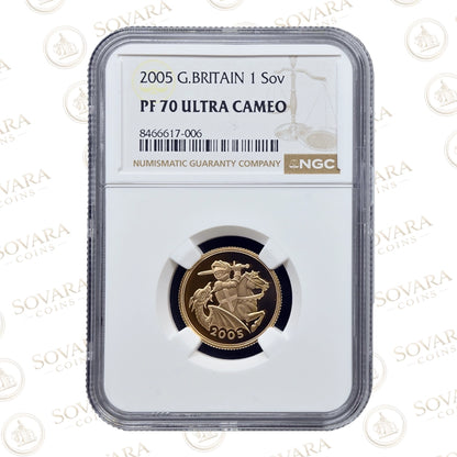 2005 gold proof sovereign PF70 Ultra Cameo Timothy Noad design NGC slab