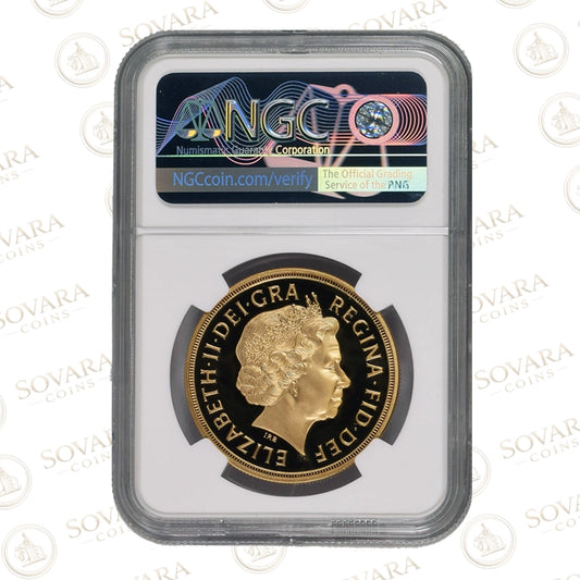 Gold coin in a protective case with NGC certification label on a white background