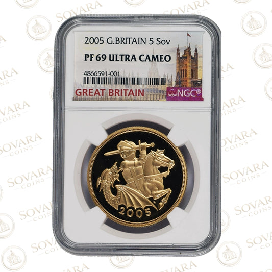 2005 Gold Proof Five Pound Sovereign – Timothy Noad Design – NGC PF69 Ultra Cameo