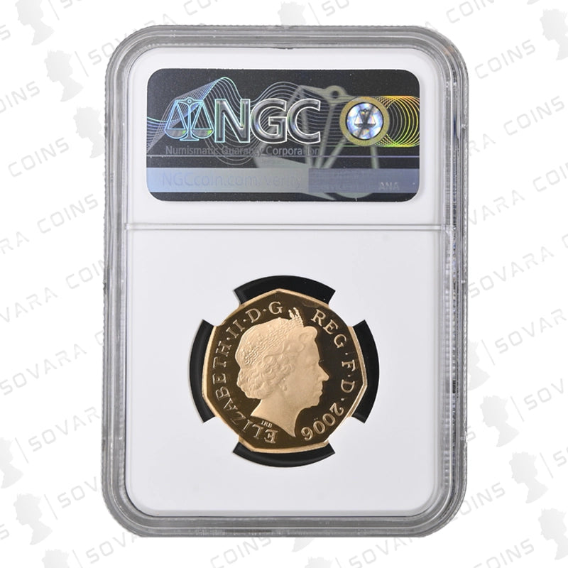 Gold coin in NGC holder on a white background