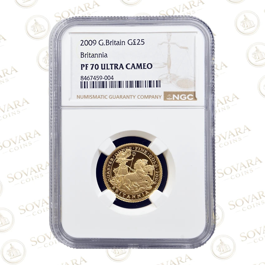 2009 Britannia Quarter-Ounce gold proof NGC PF70 Ultra Cameo graded slab