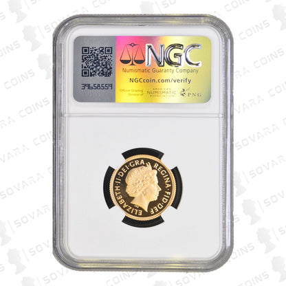 Obverse view of 2010 Gold Proof Sovereign graded NGC PF70 Ultra Cameo.