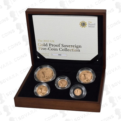 2012 Gold Proof Sovereign 5-Coin Set – Five Sovereign, Double, Full, Half and Quarter Sovereign in original Royal Mint case