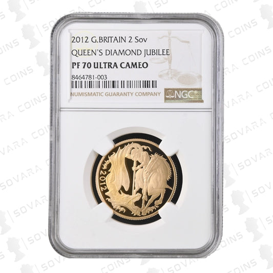 2012 Gold Proof Double Sovereign – PF70 Ultra Cameo Diamond Jubilee Shield Reverse