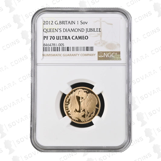2012 Gold Proof Sovereign – PF70 Ultra Cameo with Diamond Jubilee Shield Reverse