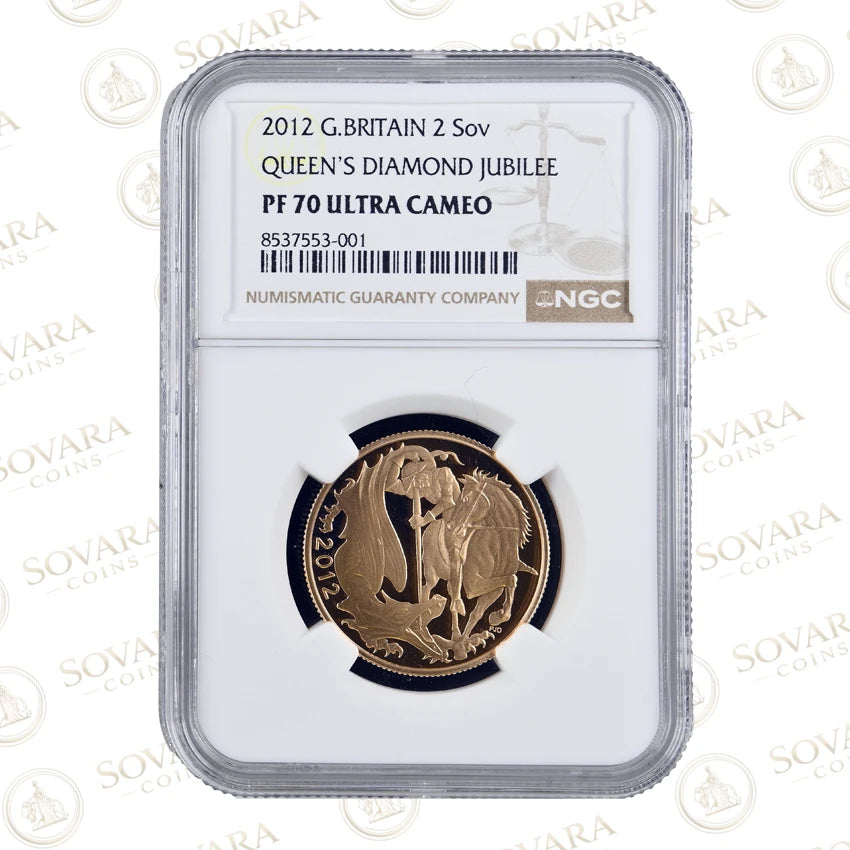 A 2012 Great Britain 2 Sovereign gold coin graded PF 70 Ultra Cameo by NGC, encapsulated in a clear plastic holder against a white background with faint SOVARA COINS watermarks.