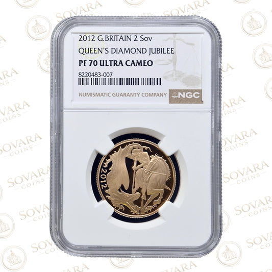 2012 Gold Proof Double Sovereign PF70 Ultra Cameo Queen Elizabeth II Diamond Jubilee NGC graded