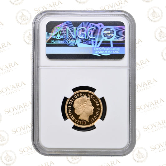 2012 proof sovereign pf70 ultra cameo Gold coin in a protective case with NGC and Sovara branding on a white background