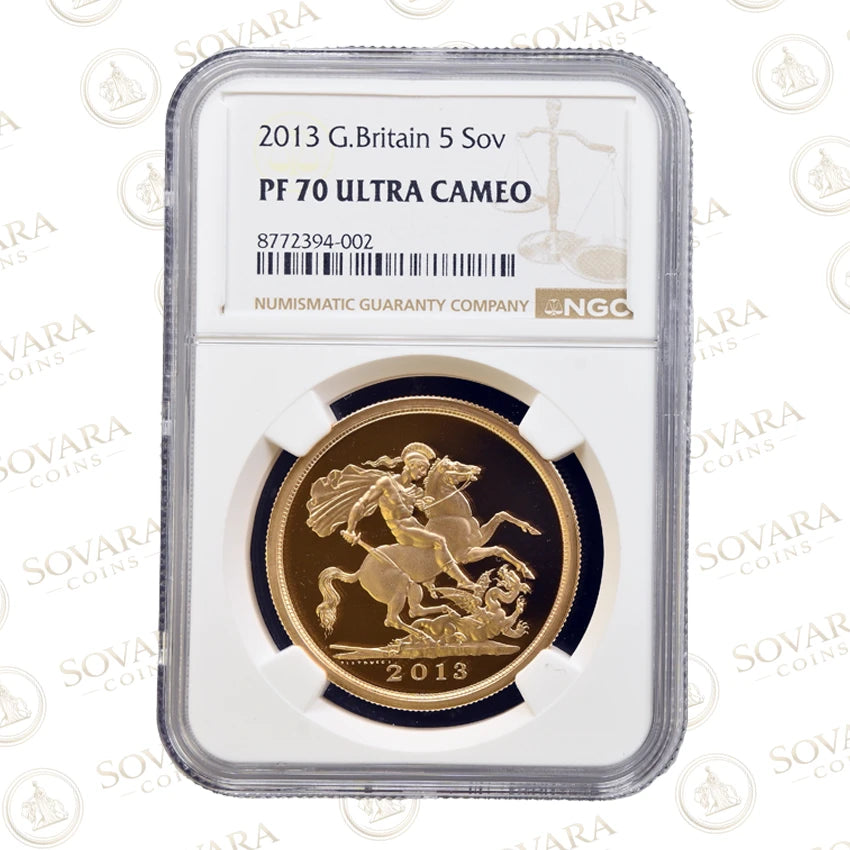 2013 Gold Proof Five Sovereign PF70 Ultra Cameo NGC graded 22 carat gold British sovereign