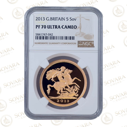 2013 Gold Proof Five Sovereign PF70 Ultra Cameo NGC graded 22 carat gold British sovereign