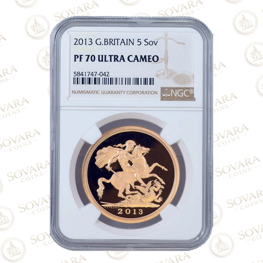 2013 Gold Proof Five Sovereign PF70 Ultra Cameo NGC graded 22 carat gold British sovereign
