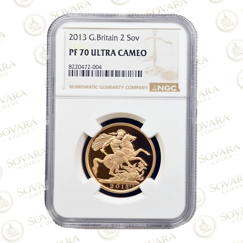 A 2013 Great Britain 2 Sovereign gold coin graded PF 70 Ultra Cameo by NGC, encapsulated in a clear plastic holder. The coin features a brilliant gold St.