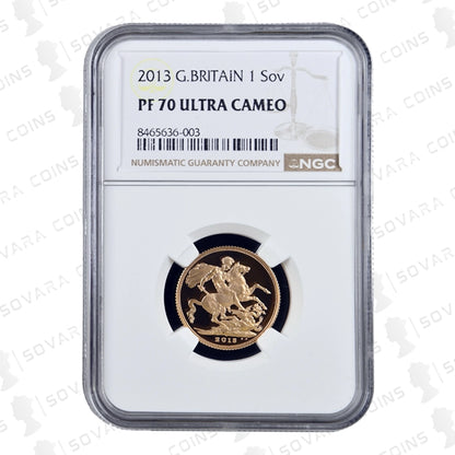 2013 Gold Proof Full Sovereign graded NGC PF70 Ultra Cameo featuring St George and the Dragon