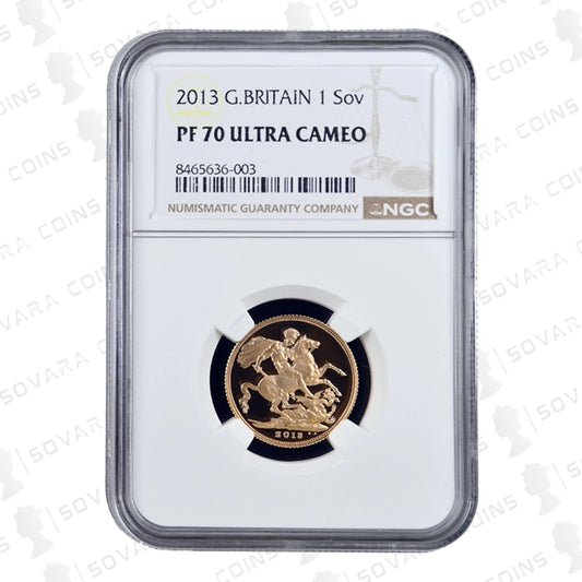2013 Gold Proof Full Sovereign graded NGC PF70 Ultra Cameo featuring St George and the Dragon