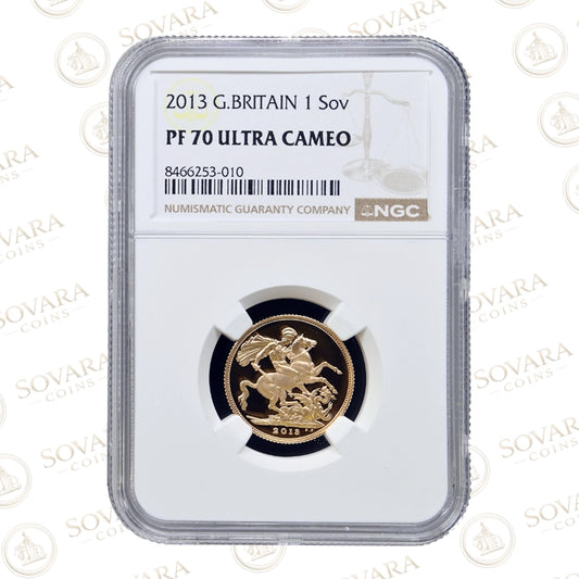 2013 Gold Proof Full Sovereign graded NGC PF70 Ultra Cameo featuring St George and the Dragon