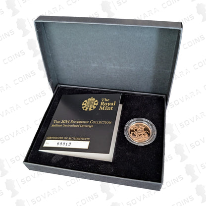 2014 Brilliant Uncirculated Gold Sovereign boxed with COA and unfrosted obverse variety
